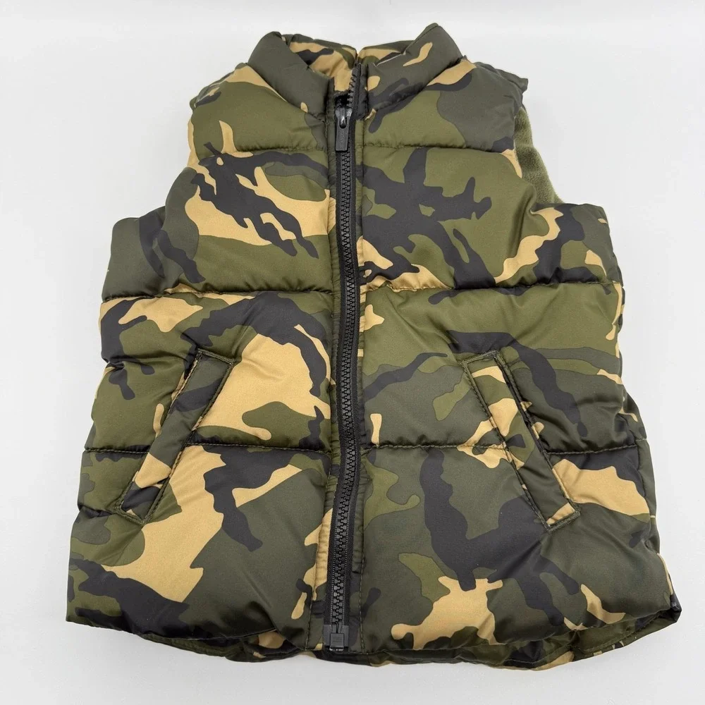 Old Navy Puffer Vest Boys Size 4T Green Camo Fleece‎ Lined Full Zip  Camouflage